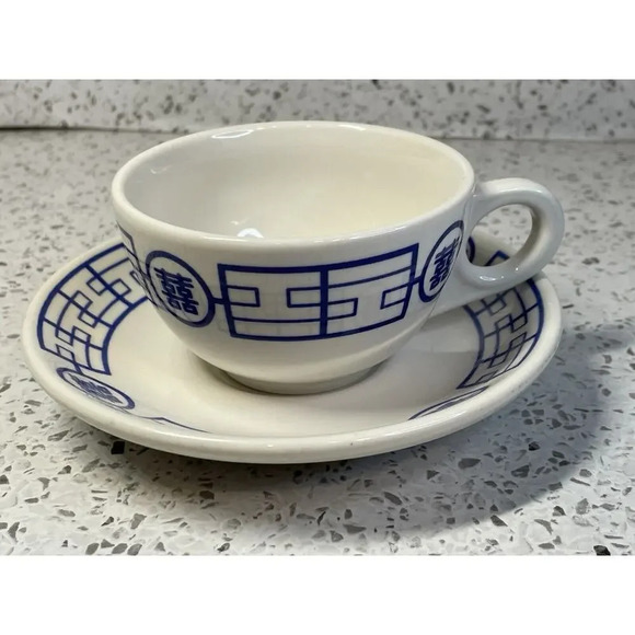 Vintage Homer Laughlin White Blue Geometric Restaurant Ware Cup & Saucer DDD-1 - Picture 2 of 6